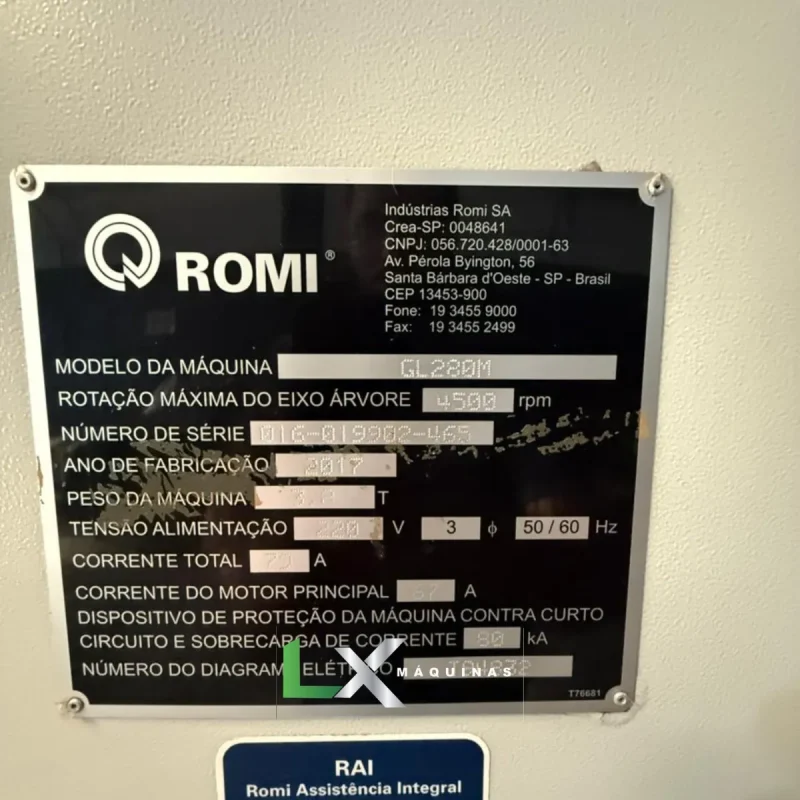CENTRO DE TORNEAMENTO ROMI GL280M - FANUC - ANO 2017 (7)