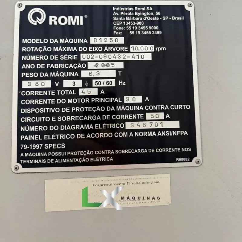 CENTRO DE USINAGEM ROMI D1250 SIEMENS COM 4 EIXO E REFRIGERAÇÃO INTERNA - 2005 (2)