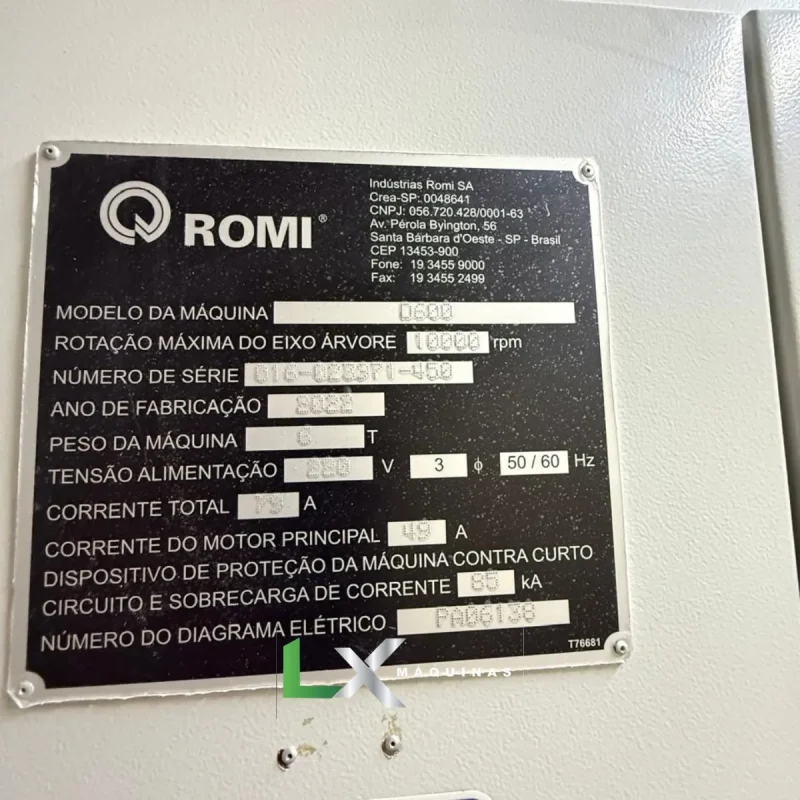 CENTRO DE USINAGEM VERTICAL ROMI D600 FANUC - ANO 2022 (5)