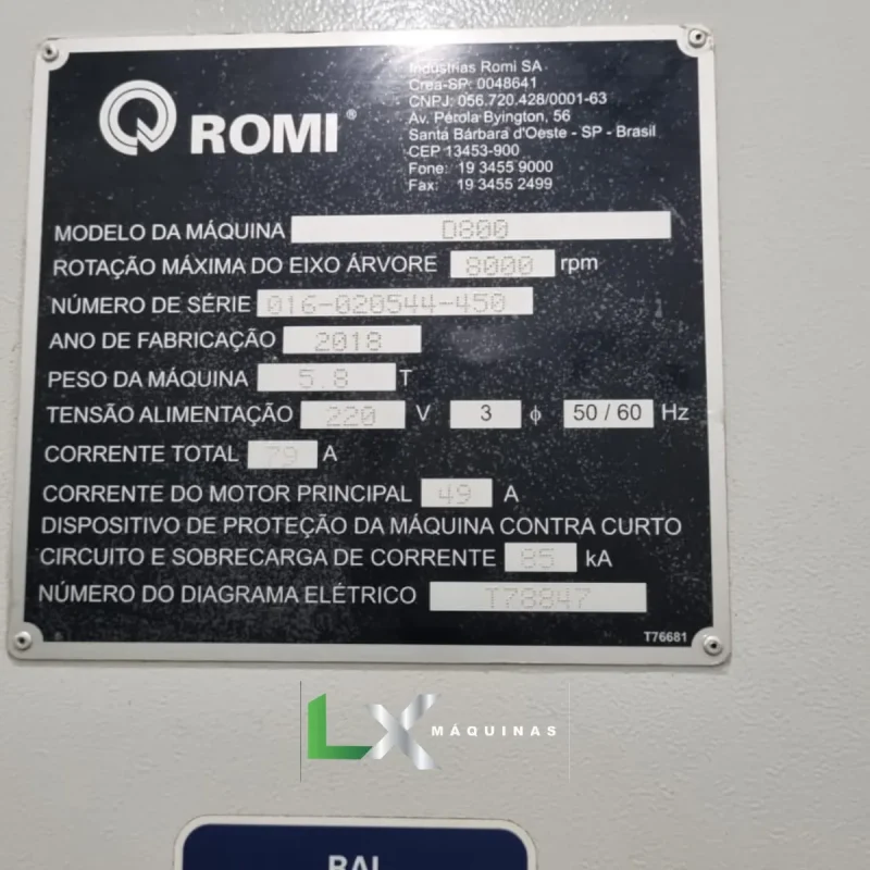 CENTRO DE USINAGEM VERTICAL ROMI D800 - 1400 HORAS - ANO 2018 (5)